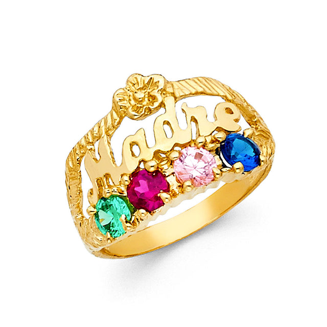 14K Yellow Gold Madre Script Nameplate Ring on White Background