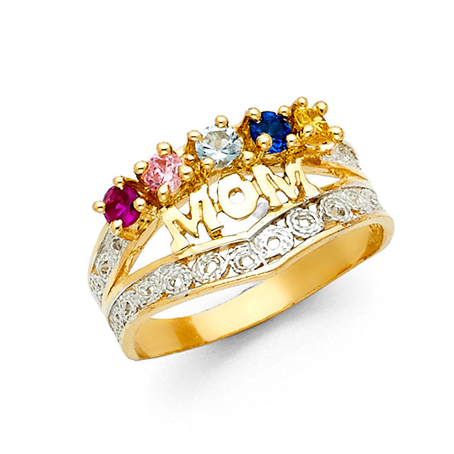 14K Two-Tone Gold Mom Crown Nameplate Ring on White Background
