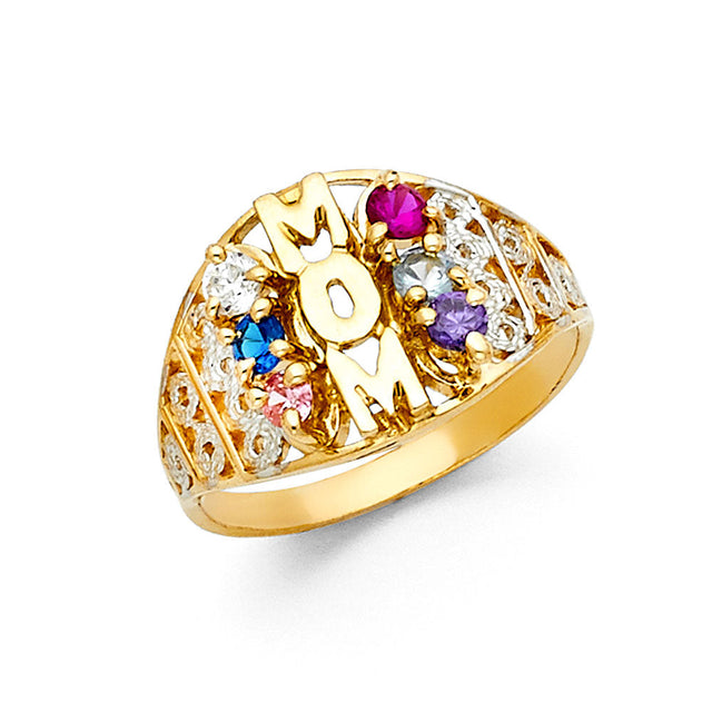 14K Two-Tone Gold Mom Domed Pavé Nameplate Ring on White Background