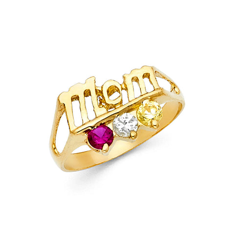 14K Yellow Gold Mom Script Three-Stone Nameplate Ring on White Background