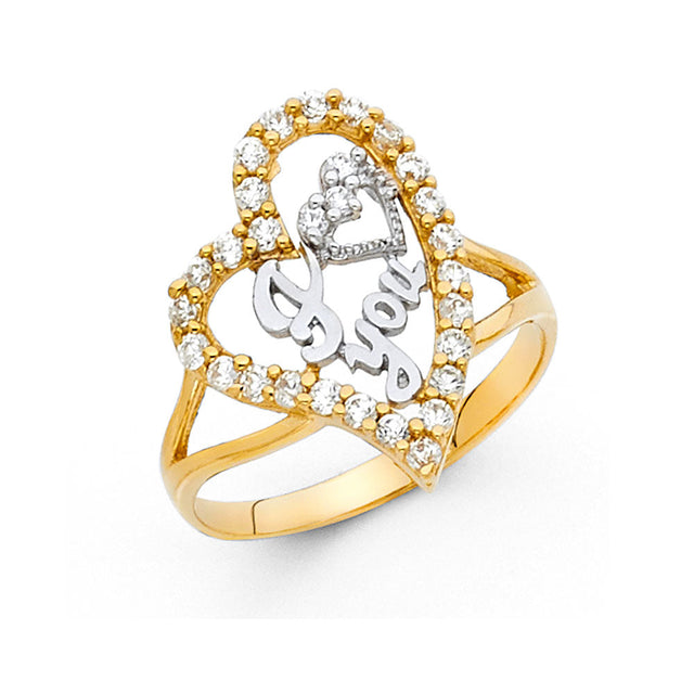 14K Two-Tone Gold Heart-Outline I Love You Ring on White Background