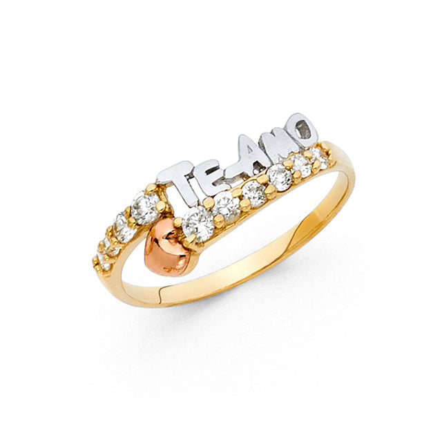 14K Tricolor Gold Te Amo Ring on White Background