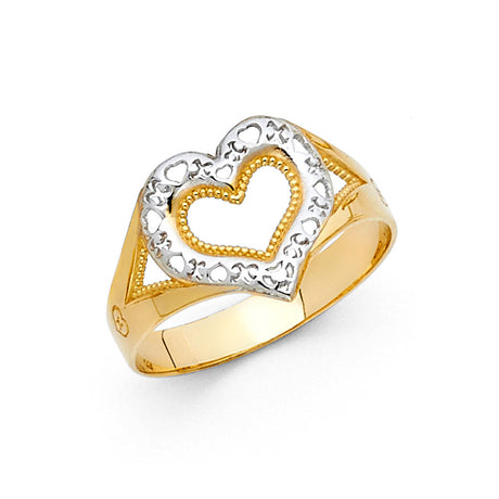 14K Two-Tone Gold Filigree Heart Ring on White Background