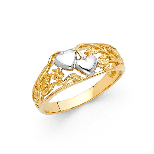 14K Two-Tone Gold Open Heart Ring on White Background