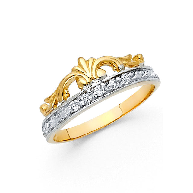 14K Two-Tone Gold Crowned Heart Ring on White Background
