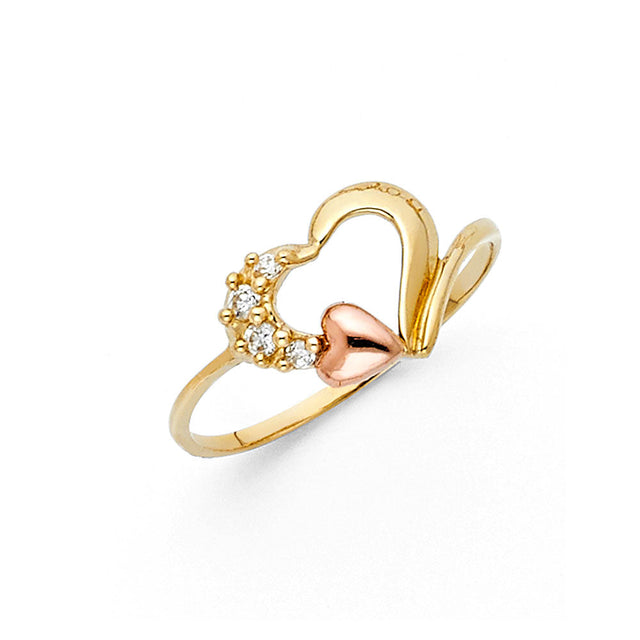14K Two-Tone Gold Fancy Open Heart Ring with Rose Accent Heart