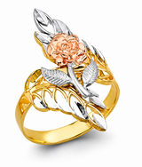 14K Tricolor Gold Rose and Leaf Spray Ring