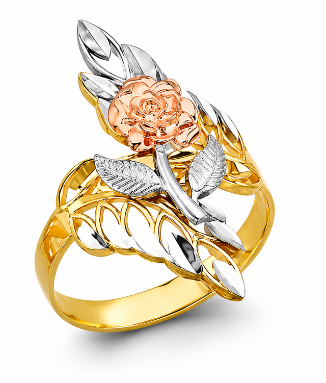 14K Tricolor Gold Rose and Leaf Spray Ring