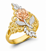 14K Tricolor Gold Rose and Scroll Leaf Ring