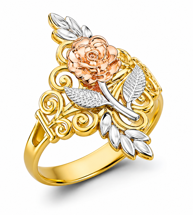 14K Tricolor Gold Rose and Scroll Leaf Ring