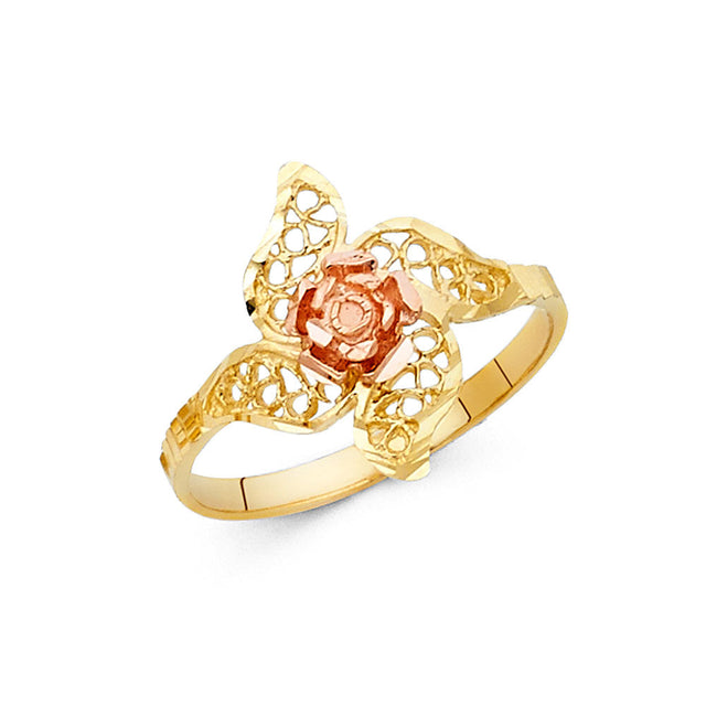 14K Tri-Color Gold Rose Blossom Filigree Ring