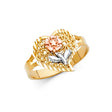 14K Tri-Color Gold Heart-Frame Rose Blossom Ring
