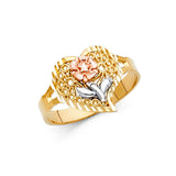 14K Tri-Color Gold Heart-Frame Rose Blossom Ring