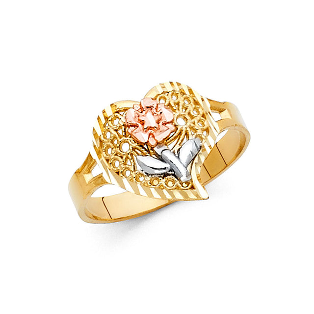 14K Tri-Color Gold Heart-Frame Rose Blossom Ring