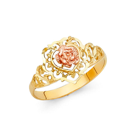 14K Two-Tone Gold Filigree Heart Rose Ring