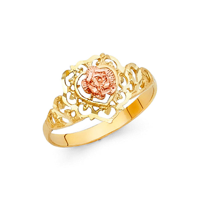 14K Two-Tone Gold Filigree Heart Rose Ring
