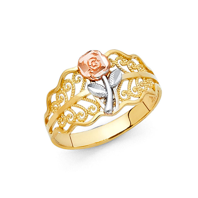 14K Tri-Color Gold Filigree Rose Flower Ring