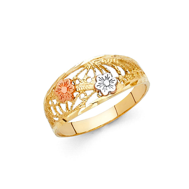 14K Tri-Color Gold Domed Filigree Flower Band
