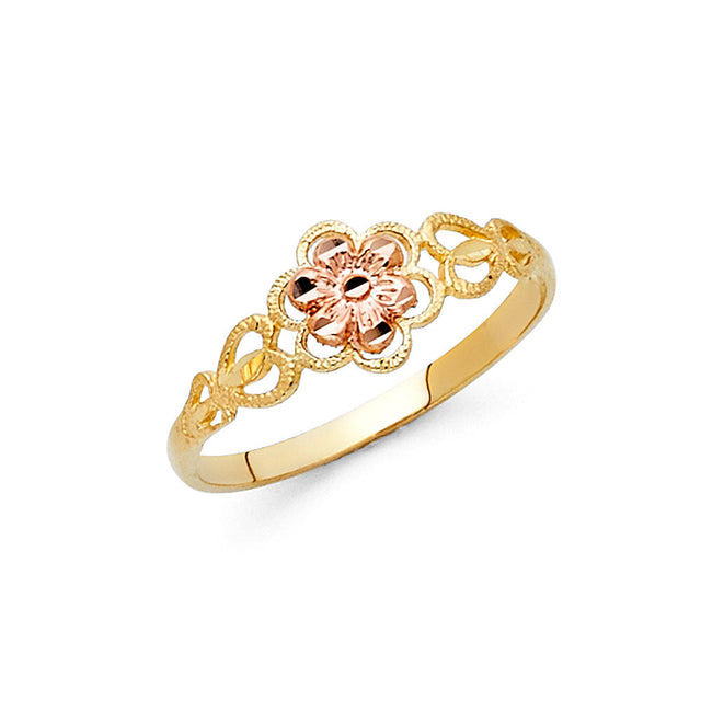 14K Two-Tone Gold Petite Scroll Flower Ring