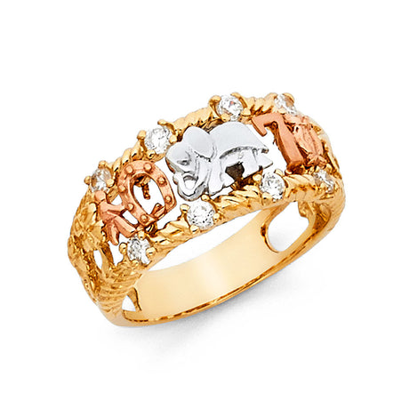 14K Tri-Color Gold Lucky Elephant & Horseshoe Ring
