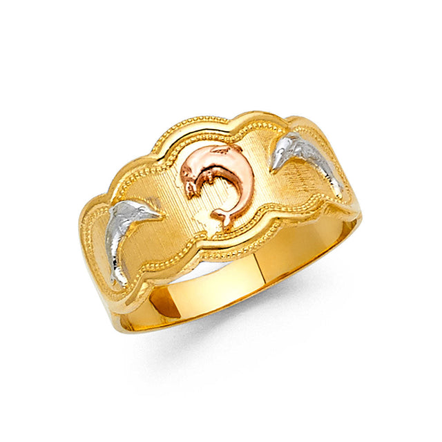14K Tri-Color Gold Dolphin Scalloped Ring