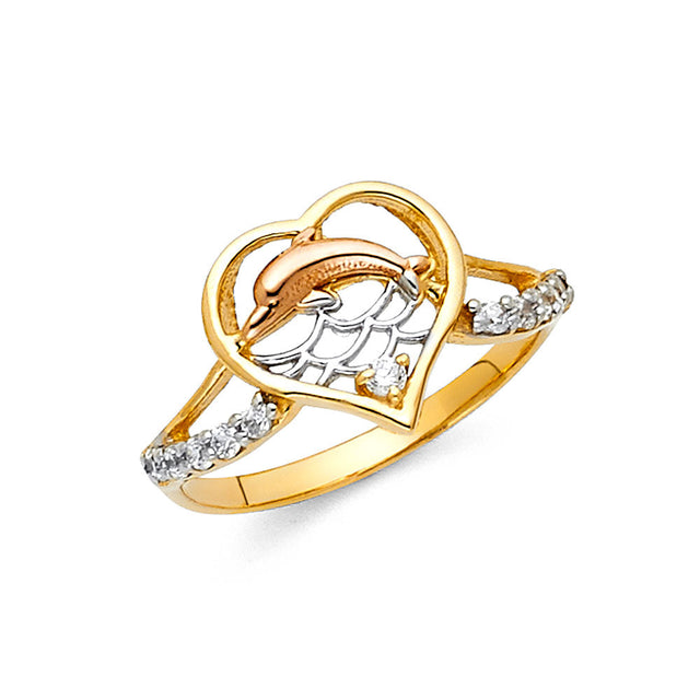 14K Tri-Color Gold Dolphin Heart Ring