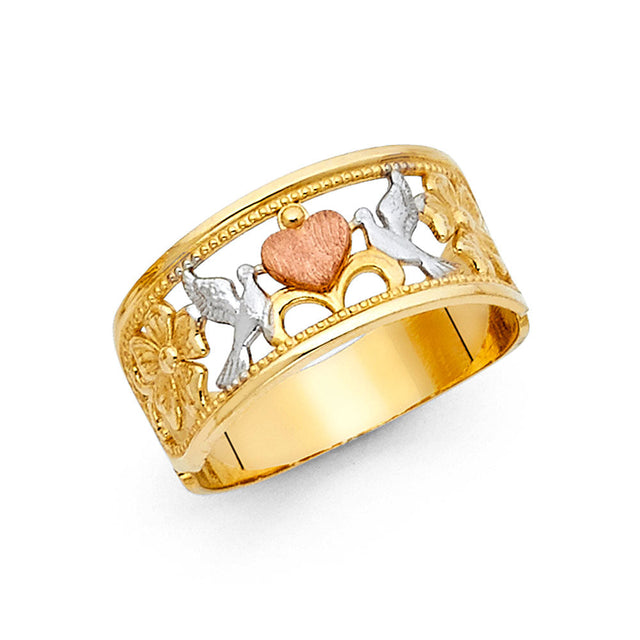 14K Tricolor Gold Filigree Heart Band Ring