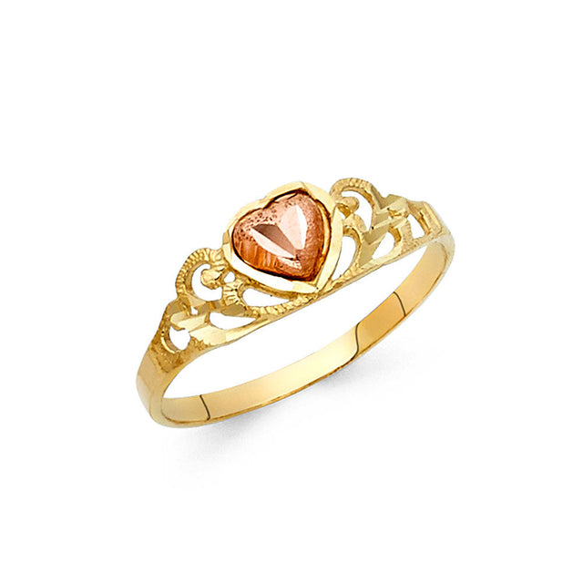14K Two-Tone Gold Rose Heart Filigree Ring