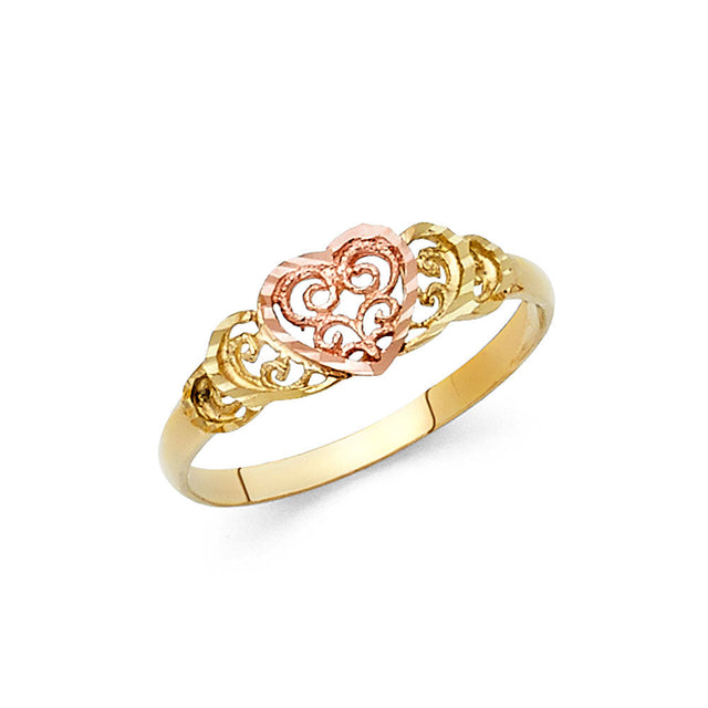 14K Two-Tone Gold Filigree Scroll Heart Ring