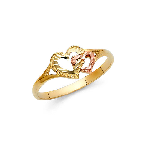 14K Two-Tone Gold Diamond-Cut Interlocking Double Heart Ring