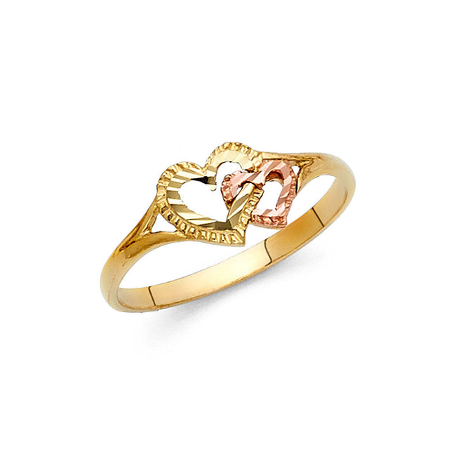 14K Two-Tone Gold Diamond-Cut Interlocking Double Heart Ring