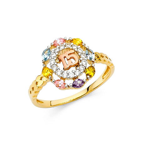 14K Two-Tone Gold 15 Años Flower Halo Ring