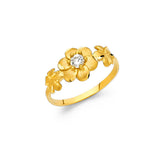 14K Yellow Gold Flower Ring with Side Blossoms