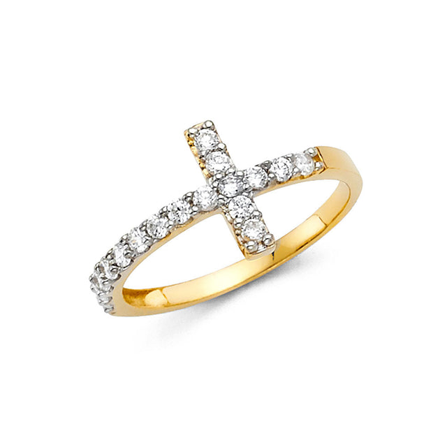 14K Two-Tone Gold Sideways Cross Ring with Stone-Set Shoulders
