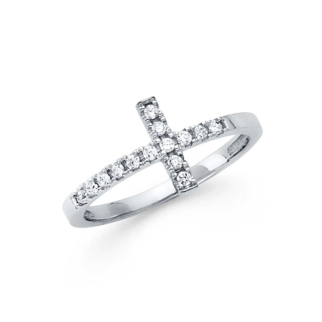 14K White Gold Pavé Sideways Cross Ring