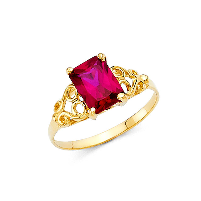 14K Yellow Gold Emerald-Cut Simulated Ruby Filigree Ring