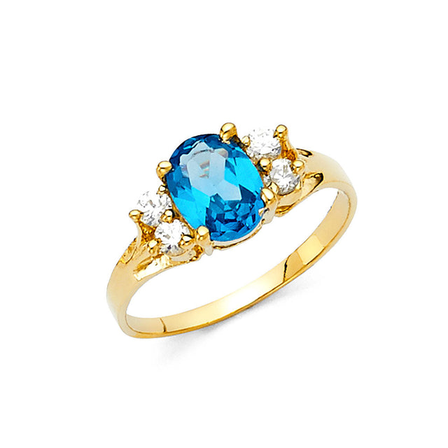 14K Yellow Gold Oval Simulated Blue Sapphire Halo Ring