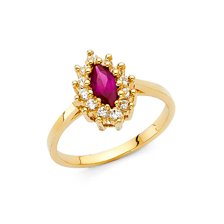 14K Yellow Gold Oval Simulated Ruby Starburst Halo Ring