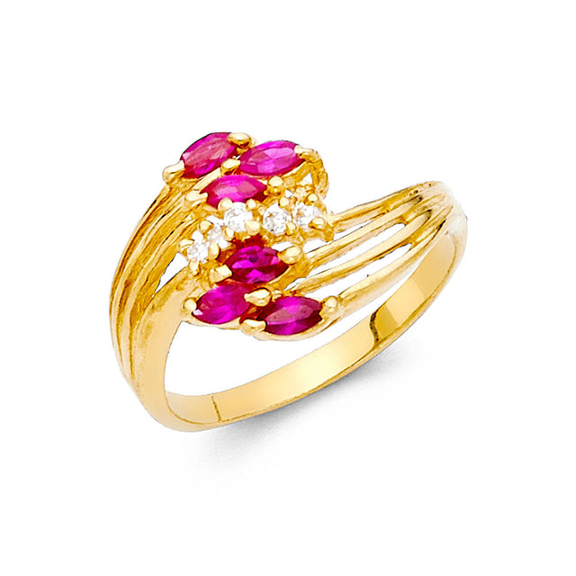 14K Yellow Gold Marquise Simulated Ruby Multi-Stone Bypass Ring
