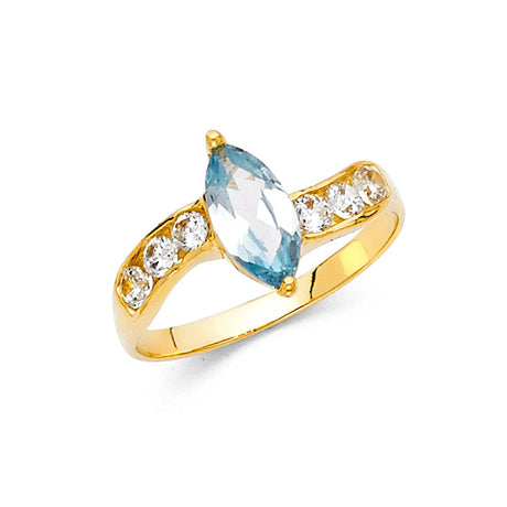 14K Yellow Gold Marquise Simulated Blue Topaz Accent Ring