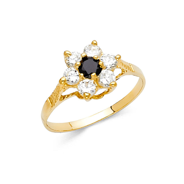 14K Yellow Gold Round Simulated Onyx Flower Cluster Ring