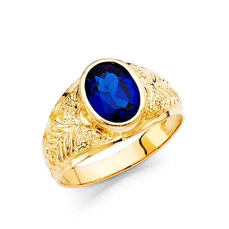 14K Yellow Gold Oval Simulated Blue Sapphire Textured Men’s Ring