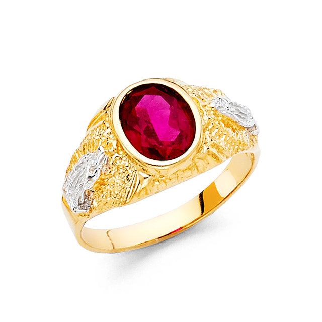 14K Yellow Gold Oval Simulated Ruby Pavé Shoulder Men’s Ring