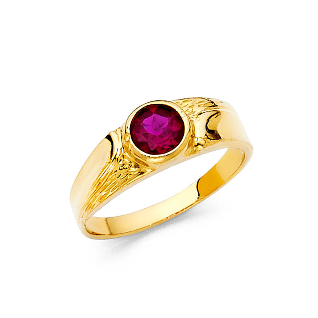 14K Yellow Gold Round Simulated Ruby Bezel Men's Ring on White Background