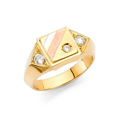 14K Yellow Gold Geometric Three-Stone Men's Ring on White Background