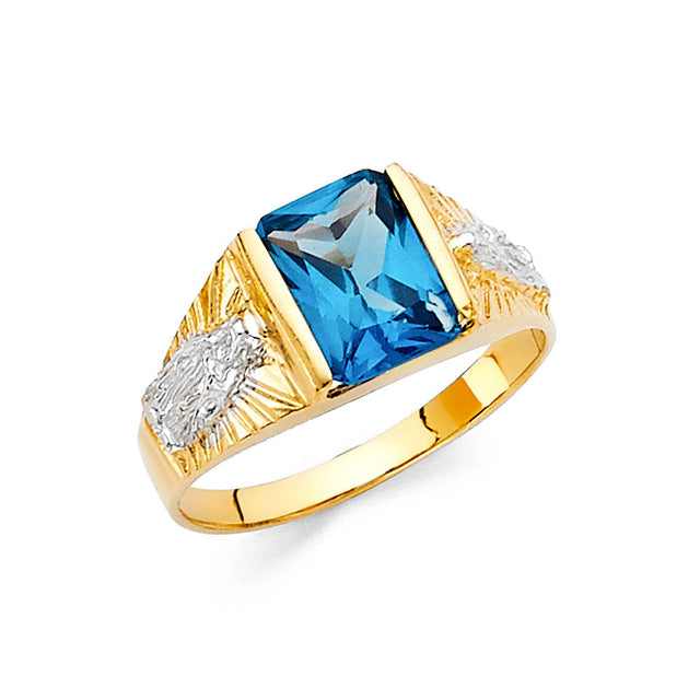 14K Yellow Gold Emerald-Cut Simulated Blue Topaz Nugget Men's Ring on White Background