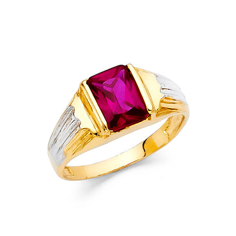 14K Yellow Gold Emerald-Cut Simulated Ruby Channel Men's Ring on White Background
