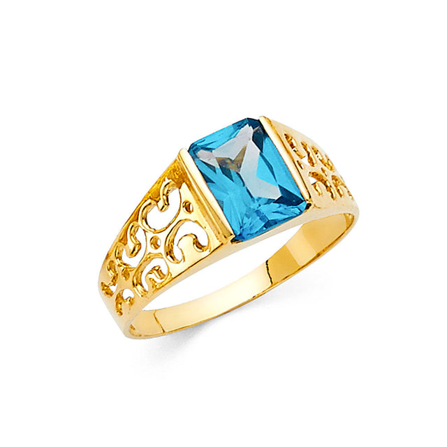 14K Yellow Gold Emerald-Cut Simulated Blue Topaz Filigree Men's Ring on White Background