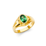 14K Yellow Gold Children's Green Oval Solitaire Ring on White Background