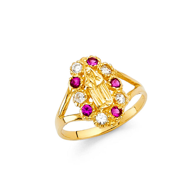 14K Yellow Gold Baby Our Lady of Guadalupe Ring on White Background
